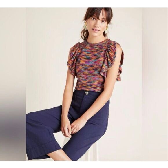 Anthropologie Ruby Flutter-Sleeved Knit Sweater Top space dye pattern size XS - Picture 2 of 9